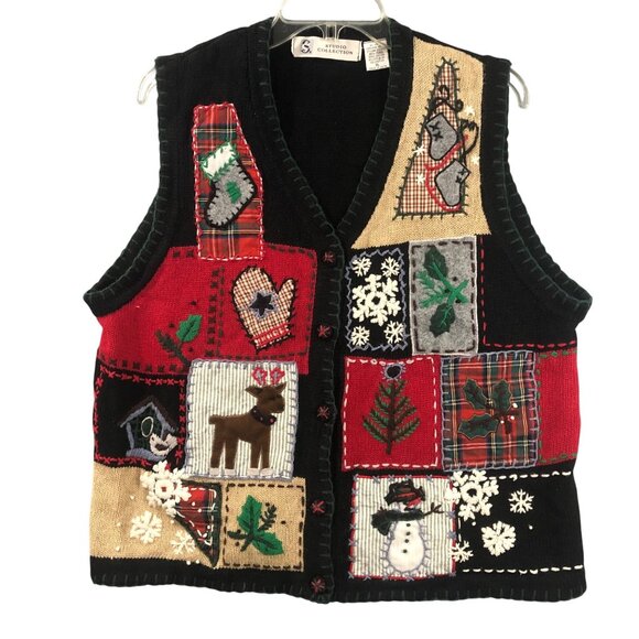 Studio Collection Christmas Sweater Vest XL Ugly Patchwork Party Snowflakes  VTG - Picture 1 of 11